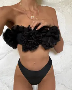 2022 Newest Stylish Women Sexy Tight Mini Bandeau Bikini Two Piece Unique Design Solid Color High Waist Thong Swimwear