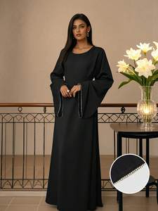 Robes élégantes en satin de qualité supérieure, modestes, col rond, manches évasées, dos à lacets, robe maxi à nouer à la taille, abaya, robe pour femmes musulmanes - Product Image 6