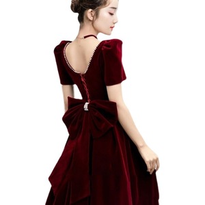 Velvet Evening Gown Square Collar Puff Sleeve Burgundy Formal Dress Vintage Style Women's Long Dress - Product Image 5