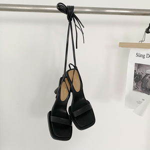 2024 Summer High Heel Lace-up Square Toe <b>Sandals</b> for Women Open Peep Toe High Top Style with Height Increasing Feature - Product Image 6