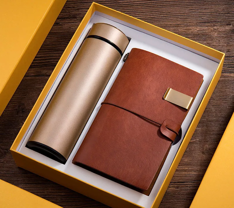 Cuaderno de cuero PU Premium con logotipo personalizado, set de regalo con bolígrafo y botella de agua, diario de negocios, diario A5, set de caja de regalo corporativa