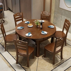 Bộ bàn ăn gỗ nguyên khối thiết kế mới gồm 1 bàn và 6 ghế, nội thất gia đình, bàn ăn tròn xoay gấp bằng gỗ cao su - Product Image 4