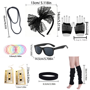 Conjunto de Accesorios para Fiesta Retro de los 80, Diadema de Encaje, Collar, Pulsera, Gafas, Pendientes de Casete, Rodilleras, Kit de Disfraz Disco - Product Image 5