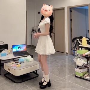 French Style White Lace Patchwork Dress Puff Sleeves Sweetheart Neck Tight Waist Casual Daily Wear - Product Image 3