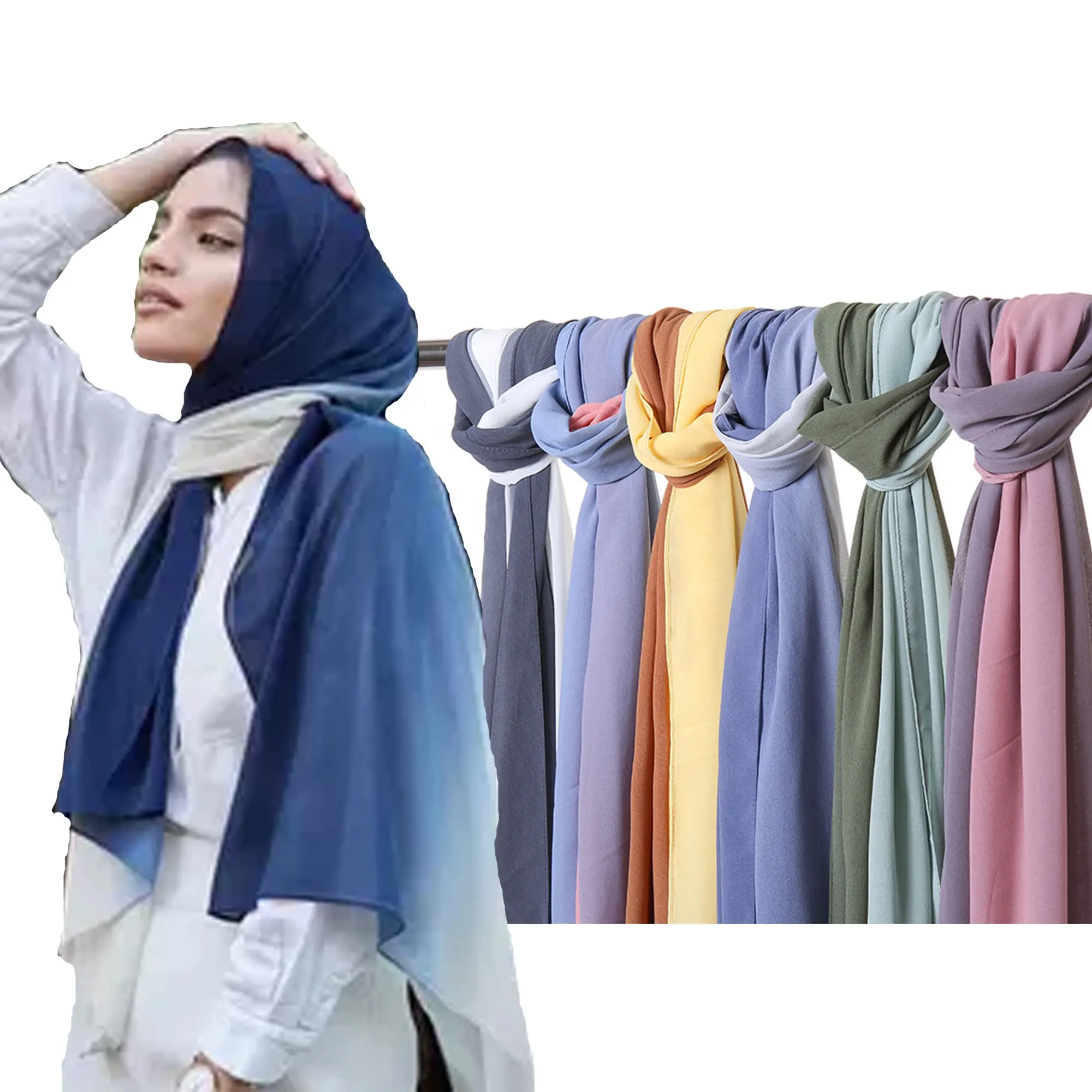 2020 Neueste Design Ombre Gradient Georgette Hijab Chiffon Schal Muslim Fashion Frauen Lange Schals und Wraps