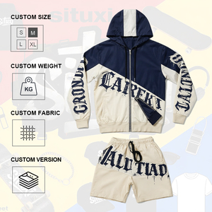 Ensemble de survêtement streetwear chicano personnalisé pour <span class=keywords><strong>homme</strong></span>, coupe-vent à <span class=keywords><strong>capuche</strong></span> zippé et short assorti, imprimé lettres gothiques effet goutte, bicolore - Product Image 2