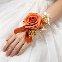 DREA Retro Karamellfarbener Seiden-Kunstblumenstrauß Brautstrauß Hochzeit Brautjungfern Orange Corsage Handgelenk-Blumenset