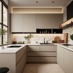 <span class=keywords><strong>Cuisine</strong></span> moderne minimaliste de luxe CBMmart avec éclairage chaleureux, armoires de <span class=keywords><strong>cuisine</strong></span> couleur beige, panneaux de <span class=keywords><strong>porte</strong></span> laqués, plan de travail en pierre frittée - Product Image 5