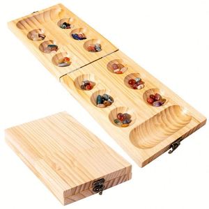Jeu de société Mancala, jeu de table classique et amusant avec plateau en bois, 48 pions en verre Mancala et jeux pour 2 joueurs, pour adultes et enfants - Product Image 1