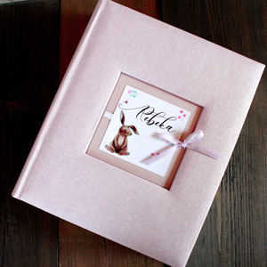 Album photo <span class=keywords><strong>personnalisé</strong></span> en lin pour bébé, souvenir de première année, motif lapin rose <span class=keywords><strong>avec</strong></span> nom <span class=keywords><strong>personnalisé</strong></span> - Product Image 1