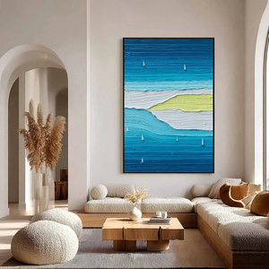 Hand Painted Abstract Seascape Canvas Art With <b>Frame</b> Contemporary Textured Wall Decor Indoor Blue Green Ocean Waves - Product Image 2