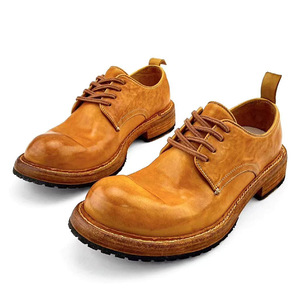 Men's Vintage Weathered <b>Work</b> <b>Boots</b> with Thick Soles and Big Tops - Trendy Men's Washed <b>Leather</b> Shoes with Handmade Details - Product Image 1