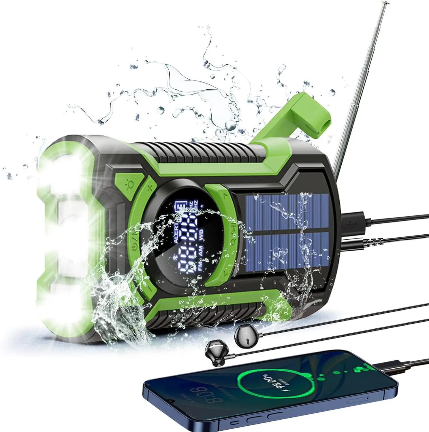 NOAA/AM/FM/SW BT Speaker IP65 Waterproof Dustproof Portable Radio Hand Crank Generator Dynamo Flashlight Solar Radio