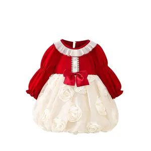 New Arrival Summer Wholesale Dress Cute Red Velvet Children Princess Dress Long Sleeve Baby Girl Spring Dress