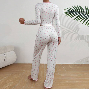 Haute qualité peut être porté à l'extérieur femmes nœud <span class=keywords><strong>col</strong></span> roulé bord pantalon à manches longues deux pièces chaud Sexy à manches longues pyjamas - Product Image 4