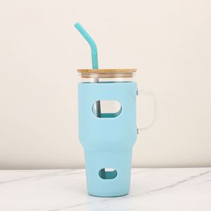 Gobelet à eau en verre portable pour le camping, 32 oz, enveloppe en silicone souple, poignée ergonomique, couvercle en bambou avec paille scellée, XH GT8011 - Product Image 5