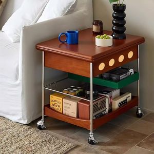 Vintage Style Wooden Side <b>Table</b> With Wheels Storage Living Room Coffee <b>Table</b> - Product Image 1