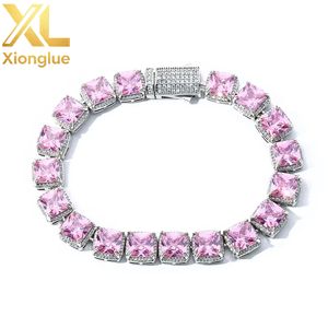 Pulsera de tenis cuadrada de circonita cúbica colorida con baño de rodio estilo hip hop, pulsera de tenis geométrica cuadrada de circonita azul. - Product Image 2