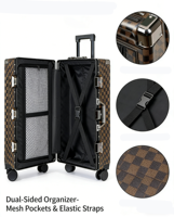 Ensemble de bagages de luxe 2 pièces avec logo personnalisé et motif à carreaux, valise à roulettes à cadre en aluminium et sac de voyage, Vente en gros 2026 à succès