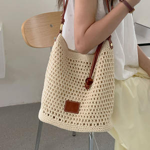 Bolso tote tejido calado para mujer, de algodón y lino, color blanco roto, con forma de cubo, cierre magnético, para verano 2024, bolso de hombro para playa - Product Image 3