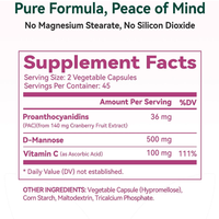 90 capsules de canneberge, capsules de D-mannose 36 mg, extrait de canneberge PAC avec vitamine C, soutien à la santé urinaire des femmes