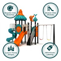 Structure de jeu en vrac SageDelightRides avec auvent, balançoire double baie, toboggan ondulé, pour enfants, en LLDPE et acier galvanisé, modèle Resort Square, OEM