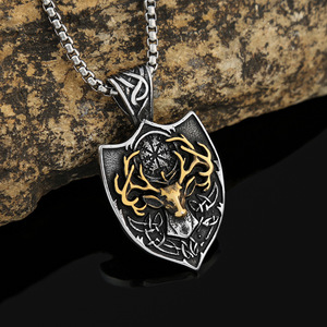 Yunnique – collier avec pendentif bouclier en acier inoxydable, design en forme de bois de cerf doré, bijoux à la mode pour hommes, cadeau - Product Image 2