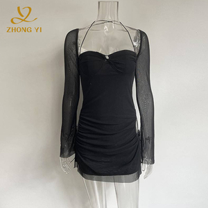 2024 nouvelles femmes chaudes Mini <span class=keywords><strong>jupe</strong></span> courte taille haute couleur unie automne à manches longues fête moulante Sexy robes - Product Image 3