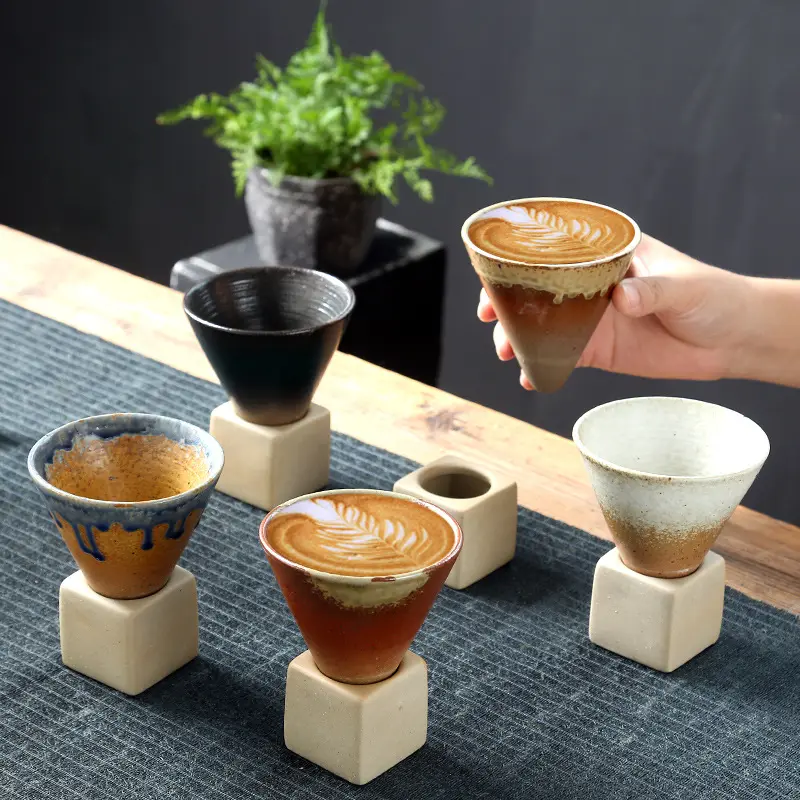 200ml tembikar kasar Retro bentuk kerucut cangkir Espresso buatan tangan kreatif perubahan keramik cangkir teh dengan dasar Stoneware