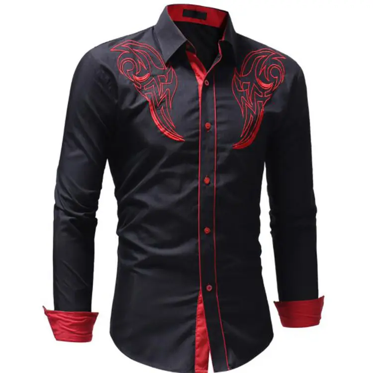 Fashion Men Shirts Casual Embroidered Long Sleeve Slim Fit Shirt Autumn Cotton Turn-down Collar Male Shirts