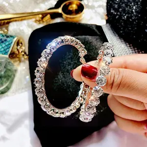 925 Sterling Silver bling Diamond Zircon Jewelry Post 5.5cm Big Circle Shiny CZ Crystal Hoop Earrings Rhinestone Hoop Earrings