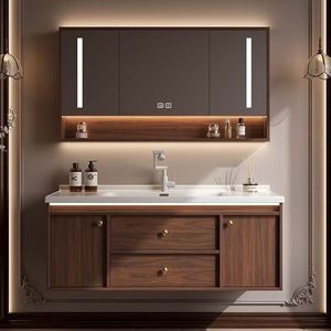 Retro solid wood household <b>LED</b> <b>mirror</b> storage multifunctional bathroom cabinet - Product Image 1