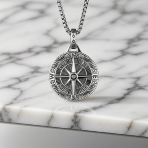 <b>Vintage</b> Nordic Viking Style Men's Round Pendant Necklace Silver <b>Compass</b> Design Gift Jewelry - Product Image 3