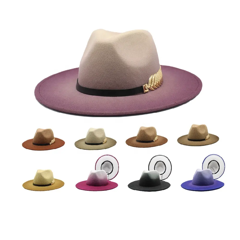 2022 Trend Wholesale Fashion Faux Wool Big Wide Stiff Brim Ombre Color Gradient Panama Fedora Hat For Women Men Lady Winter Fall