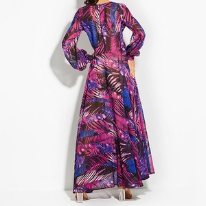 Robe longue décontractée personnalisable pour femme, collection automne-été, à manches lanternes, imprimé floral, col en V sexy, manches longues et ourlet à motif feuille - Product Image 4