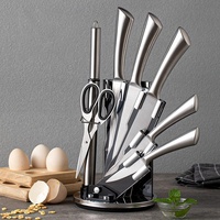 Ensemble de 8 couteaux de cuisine en acier inoxydable avec manche creux, comprenant un couteau de chef, un couteau à trancher, un couteau à fruits et un couteau à pain, avec bloc de rangement