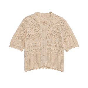 2025 été nouveau femmes Simple mode Jacquard <span class=keywords><strong>maille</strong></span> cou à manches courtes coton tricoté <span class=keywords><strong>Cardigan</strong></span> polyvalent décontracté mince épaisseur - Product Image 1