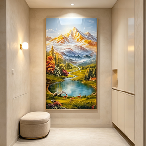 Cuadro de porcelana de cristal LED personalizado al por mayor con diseño de ciervo en valle alpino, arte de pared vertical con paisaje forestal y río al amanecer, para colgar en la pared. - Product Image 1