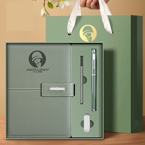 Custom Design Logo High-end Event Commemorative Business A5 Leather Notebooks Silk Screen Printed Pen USB Flash Gift Set