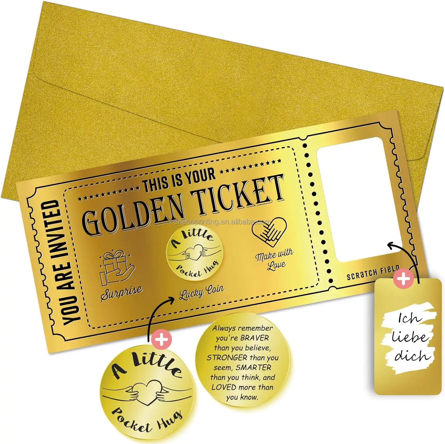 Individueller bedruckter Geschenk-Voucher etikettiert Ihren Goldenen Ticket mit Rubbel-Aufkleber-Karte und Umschlag