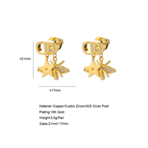 WAH MEI Orecchini a Perno da <span class=keywords><strong>Donna</strong></span> con <span class=keywords><strong>Ape</strong></span> e Stella, con Zirconi, Placcati in Oro, in Ottone e Argento 925 - Gioielli per Matrimoni e Anniversari - Product Image 6