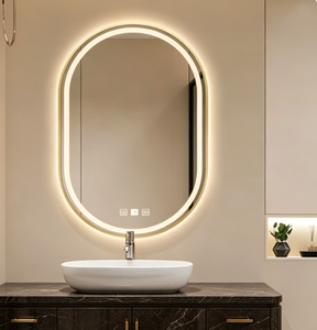 Oval Wall Hanging <b>Bathroom</b> <b>Mirror</b> Gold Aluminum Frame Glass Lenses Dimmable Illuminated <b>LED</b> <b>Light</b> Plug Powered Contemporary - Product Image 1