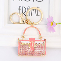 Porte-clés fantaisie en émail coloré pour femme, pendentif de sac en forme de sac à main rose et bleu avec strass, idéal pour un cadeau