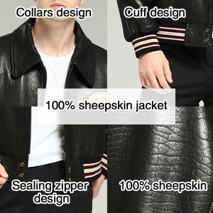 Chaqueta Bomber <span class=keywords><strong>Avirex</strong></span> para Hombre, Chaqueta de Cuero Estilo Hip Hop, Chaqueta de Cuero Genuino Negro - Product Image 4