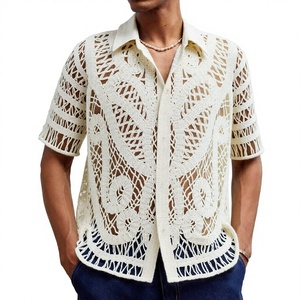 Men's Hollow Out Crochet Knit Polo Shirt <b>Short</b> <b>Sleeve</b> Breathable <b>Cardigan</b> Summer Casual Wear - Product Image 2