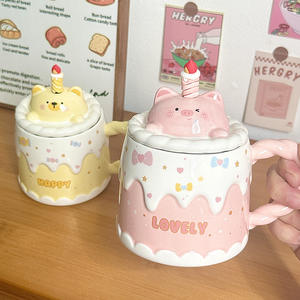 Tasse en céramique Dragon Pavilion avec couvercle, 301-400ml, motif chaton, lapin, ours, cadeau d'anniversaire pour femmes, pour le bureau et la maison - Product Image 4