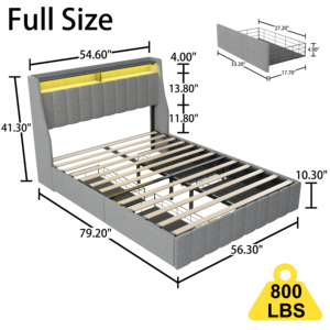 Full <b>Size</b> Modern Soft <b>Bed</b> Frame LED 4 Under-<b>bed</b> Portable Storage Drawers Wings Headboard Design Light Grey Apartment-Friendly - Product Image 2
