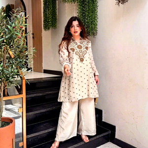 Ivory Embroidered Silk <b>Kurta</b> Palazzo Set <b>Women</b> Traditional Regular Fit Floor-Length Quick Dry Outfit India Pakistan Casual Wear - Product Image 1
