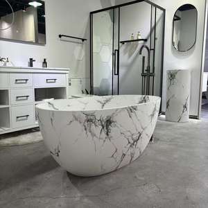 Bañera de superficie sólida independiente con textura de mármol de lujo de fábrica de China bañera de remojo de piedra Artificial para Hotel - Product Image 4