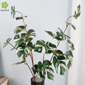 Qihao <b>Artificial</b> Monstera Leaf PVC Plastic High Simulation Indoor Decorative Plant Green White Color Single <b>Stem</b> 3 Forked Mini - Product Image 1